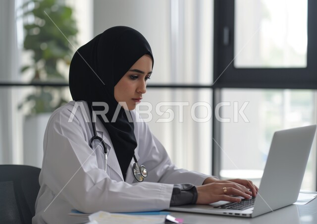 تقديم الاستشارت الطبية والخدمات العلاجية للمرضى عبر الأونلاين, استخدام التقنيات الحديثة في المراكز الطبية والمستشفيات السعودية, طبيبة عربية خليجية سعودية مبتسمة ترتدي المعطف الطبي الأبيض وسماعة الفحص تستخدم الحاسب المحمول