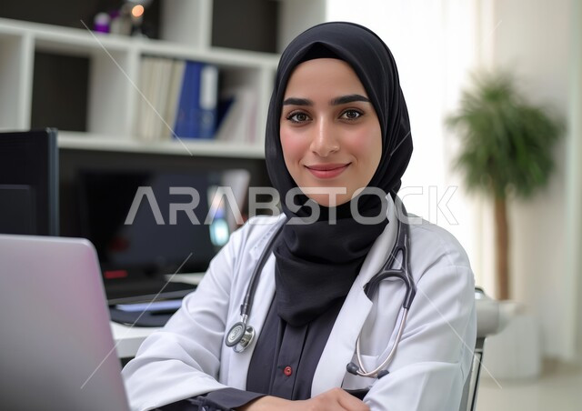 النظر إلى الكاميرا بابتسامة وسرور, تقديم الخدمات العلاجية في المراكز والمستشفيات في السعودية, استخدام الأجهزة التقنية الحديثة في المجال الطبي, صورة مقربة لطبيبة عربية خليجية سعودية محجبة ترتدي المعطف الطبي الأبيض وسماعة الفحص تستخدم الحاسب المحمول