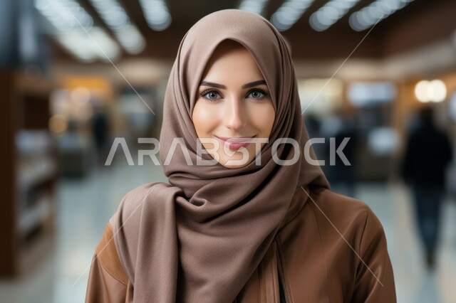 مفهوم الأنوثة والملامح الناعمة, صورة مقربة لإمرأة عربية خليجية سعودية محجبة مبتسمة ترتدي العباءة البنية تنظر إلى الكاميرا, الاهتمام بالمظهر الخارجي, أناقة النساء السعوديات