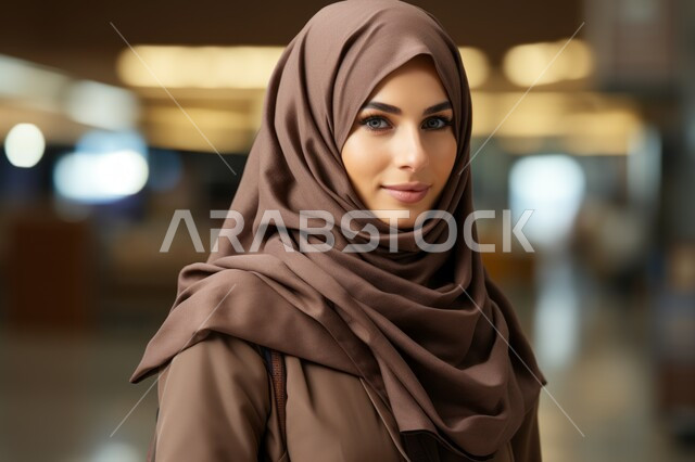 مفهوم الأنوثة والملامح الناعمة, صورة مقربة لإمرأة عربية خليجية سعودية محجبة مبتسمة ترتدي العباءة البنية تنظر إلى الكاميرا, الاهتمام بالمظهر الخارجي, أناقة النساء السعوديات