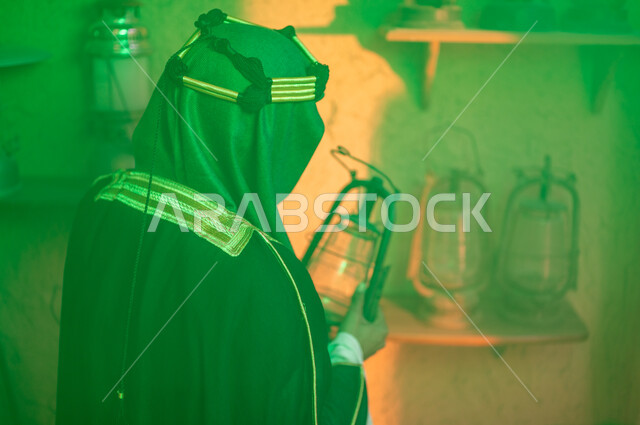 توارث حب التراث القديم من الأجداد، الفخر والاعتزاز بالهوية السعودية، المناسبات والأعياد الوطنية، صورة مقربة من الخلف لرجل عربي خليجي سعودي يرتدي العقال والبشت التقليدي يحمل بيده فانوس معدني، ذكرى تأسيس الدولة السعودية الاولى 22 فبراير، يوم بدينا 1727 م