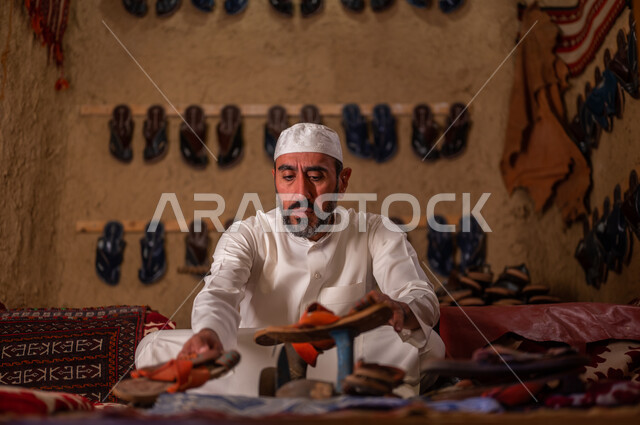 يوم بدينا 1727 م، صناعات و أعمال شعبية, ذكرى تأسيس الدولة السعودية الأولى 22 فبراير ،المهن والحرف اليدوية التقليدية القديمة, متجر اصلاح الأحذية، اسكافي عربي خليجي سعودي يرتدي الثوب التقليدي والقبعه البيضاء يقوم بصناعة الحذاء وتصليحه بالأدوات المناسبة