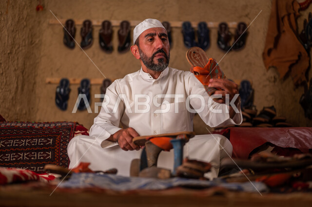 صناعات و أعمال شعبية, ذكرى تأسيس الدولة السعودية الأولى 22 فبراير ،المهن والحرف اليدوية التقليدية القديمة, يوم بدينا 1727 م، متجر اصلاح الأحذية، اسكافي عربي خليجي سعودي يرتدي الثوب التقليدي والقبعه البيضاء يقوم بصناعة الحذاء وتصليحه بالأدوات المناسبة