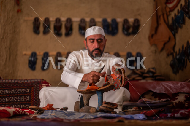ذكرى تأسيس الدولة السعودية الأولى 22 فبراير ،المهن والحرف اليدوية التقليدية القديمة, أعمال وصناعات شعبية, يوم بدينا 1727 م، متجر اصلاح الأحذية، اسكافي عربي خليجي سعودي يرتدي الثوب التقليدي والقبعه البيضاء يقوم بصناعة الحذاء وتصليحه بالأدوات المناسبة