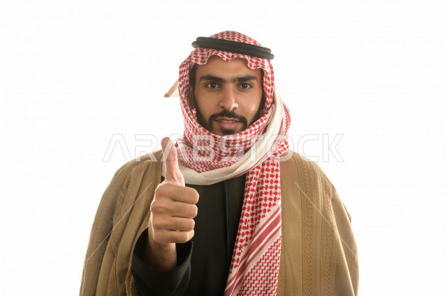 Portrait of a Saudi Arabian Gulf man with different hand and face gestures, wearing winter clothes suitable for winter season, white background