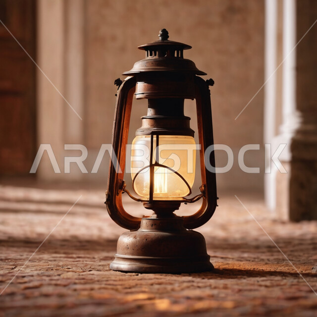 Decorations and lights for the holy month of Ramadan, a close-up of an old, illuminated traditional metal lantern, the concept of the spiritual atmosphere of Ramadan, celebrating the coming of the month of goodness and blessings.