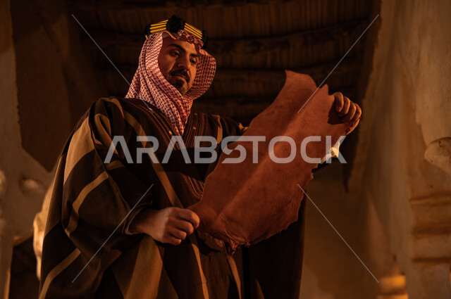الحفاظ على الأثار والمخطوطات التاريخية، الفخر بأصالة وتاريخ البلاد، ذكرى تأسيس الدولة السعودية الأولى 22 فبراير، رسائل الملك عبد العزيز الأثرية، يوم بدينا 1727 م، صورة مقربة  لرجل عربي خليجي سعودي يرتدي الشماغ والبشت يقوم بقراءة المخطوطة في احد البيوت الطينية