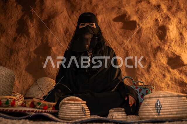 ذكرى تأسيس الدولة السعودية الأولى 22 فبراير، يوم بدينا 1727 م، إمرأة عربية خليجية سعودية ترتدي البرقع والعباءة السوداء تجلس على الحصيرة تقوم ببيع البقوليات في حي شعبي تراثي، مهن وأعمال نسائية قديمة، وضع الحبوب في سلل من القش، منتجات ومحاصيل محلية وطنية سعودية