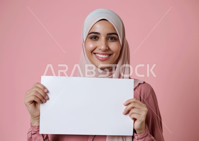 A blank square white board, marketing offers and advertisements, a close-up portrait of a smiling Saudi Gulf Arab woman wearing the hijab holding her hands, a white square mock-up, explanatory boards and educational aids, looking at the camera with expressions and gestures of joy and pleasure, a pink background.