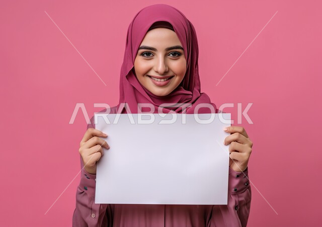 لوحات توضيحية ووسائل تعليمية, لوحة بيضاء مربعه فارغة، العروض والإعلانات التسويقية, بورتريه مقرب لإمرأة عربية خليجية سعودية مبتسمة ترتدي الحجاب تمسك بيديها موك اب مربع أبيض, النظر إلى الكاميرا بتعابير وايماءات الفرح والسرور، خلفية وردية