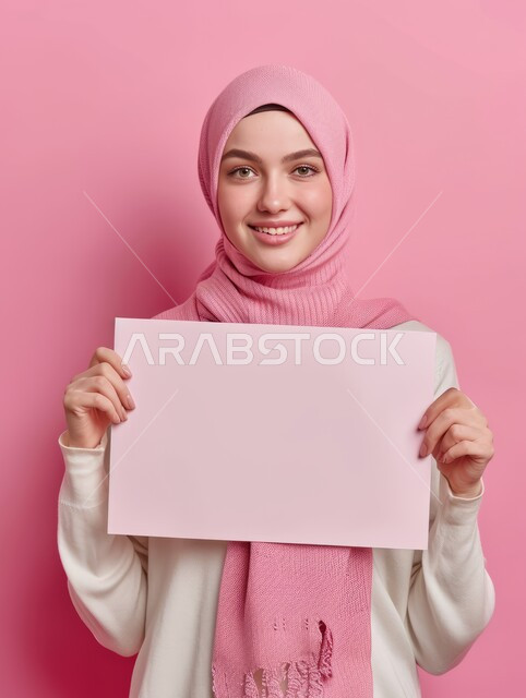  موك اب مستطيل وردي, العروض والإعلانات التسويقية, بورتريه مقرب لإمرأة عربية خليجية سعودية مبتسمة ترتدي الحجاب تمسك بيديها لوحة مستطيلة فارغة، النظر إلى الكاميرا بتعابير وايماءات الفرح والسرور، لوحات توضيحية ووسائل تعليمية, خلفية وردية