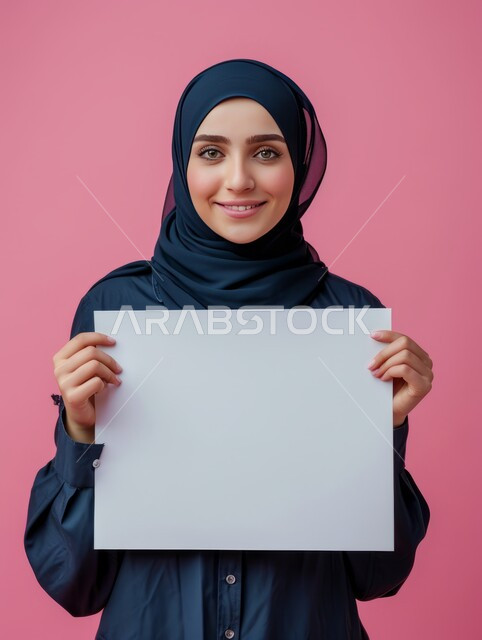 لوحة بيضاء مربعه فارغة، العروض والإعلانات التسويقية, بورتريه مقرب لإمرأة عربية خليجية سعودية مبتسمة ترتدي الحجاب تمسك بيديها موك اب مربع أبيض, لوحات توضيحية ووسائل تعليمية, النظر إلى الكاميرا بتعابير وايماءات الفرح والسرور، خلفية وردية