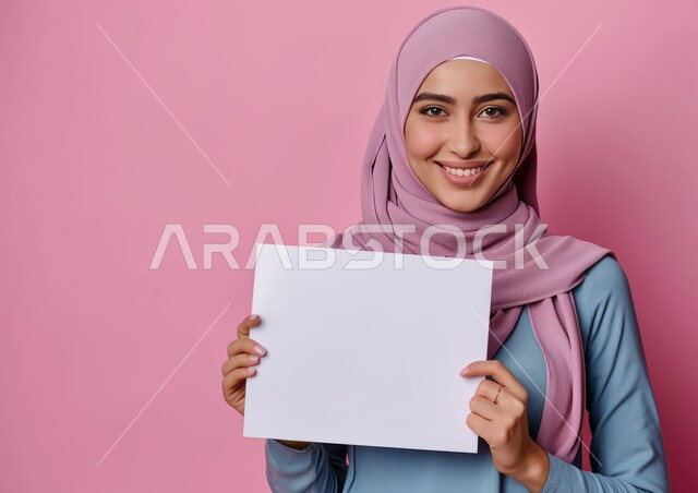 لوحات توضيحية ووسائل تعليمية, لوحة بيضاء مربعه فارغة، العروض والإعلانات التسويقية, بورتريه مقرب لإمرأة عربية خليجية سعودية مبتسمة ترتدي الحجاب تمسك بيديها موك اب مربع أبيض, النظر إلى الكاميرا بتعابير وايماءات الفرح والسرور، خلفية وردية