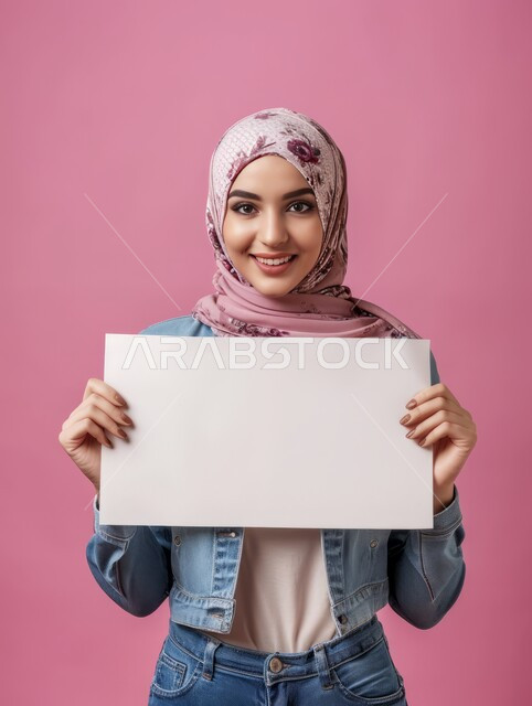 النظر إلى الكاميرا بتعابير وايماءات الفرح والسرور، العروض والإعلانات التسويقية, بورتريه مقرب لإمرأة عربية خليجية سعودية مبتسمة ترتدي الحجاب تمسك بيديها موك اب مستطيل أبيض, لوحة بيضاء مستطيلة فارغة، لوحات توضيحية ووسائل تعليمية, خلفية وردية