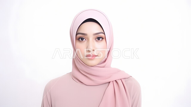 أزياء وحجابات نسائية عصريه حديثه، الاهتمام بالمظهر الخارجي، مفهوم الأناقة والأنوثة والنعومة، بورتريه مقرب لإمرأة عربية خليجية سعودية ترتدي الحجاب تنظر إلى الكاميرا بإيماءات الثقة بالنفس, خلفية بيضاء