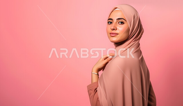 The concept of femininity and softness, elegance and attention to external appearance, a close-up portrait of a smiling Saudi Gulf Arab woman wearing a hijab looking at the camera with gestures of self-confidence and pleasure, modern women’s hijab, pink background