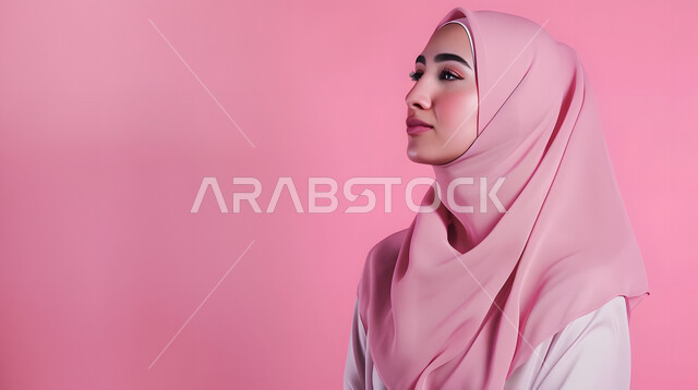 Elegance and attention to external appearance, the concept of femininity and softness, a close-up portrait of a Saudi Gulf Arab woman wearing a hijab, looking at something with gestures of self-confidence, modern women’s hijab, pink background