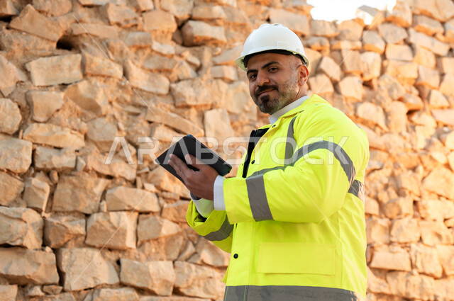 فن العمارة القديم في قصر سلوى في البجيري الدرعية، ذكرى تأسيس الدولة السعودية الأولى 22 فبراير، صورة مقربة لمهندس عربي خليجي سعودي مبتسم يرتدي السترة والخوذة يكتشف اساسيات البناء للبيوت والقصور التراثية، استخدم جهاز التابلت في المجال الهندسي، يوم بدينا 1727 م