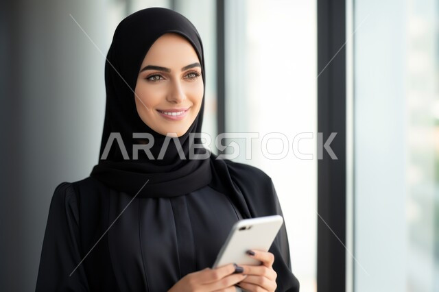 التواصل والدردشة مع الأهل والأصدقاء, تصفح مواقع التواصل الاجتماعي, صورة مقربة لشابة عربية خليجية سعودية محجبة مبتسمة ترتدي العباءة السوداء تقوم باستخدام الهاتف المحمول, اللطافة والأنوثة والنعومة, الوقوف بابتسامة والنظر إلى الكاميرا