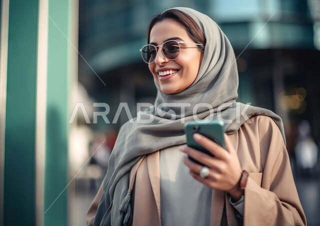 الاستمتاع بقضاء وقت ممتع في إحدى المناطق العامة, التواصل عبر التطبيقات الالكترونية الحديثة, صورة مقربة لشابة عربية خليجية سعودية محجبة مبتسمة ترتدي النظارة والزي الكاجوال تقوم بالتحدث مع الأصدقاء عبر الهاتف المحمول, تصفح مواقع السوشال ميديا