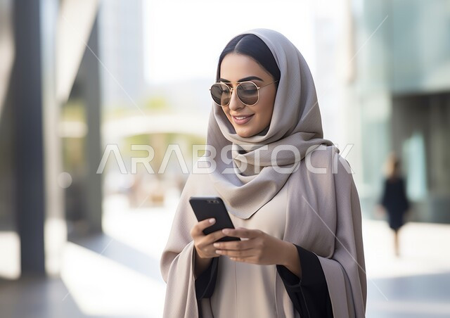 تصفح مواقع السوشال ميديا, الاستمتاع بقضاء وقت ممتع في إحدى المناطق العامة, التواصل عبر التطبيقات الالكترونية الحديثة, صورة مقربة لشابة عربية خليجية سعودية محجبة مبتسمة ترتدي العباءة الملونة تقوم بالتحدث مع الأصدقاء عبر الهاتف المحمول