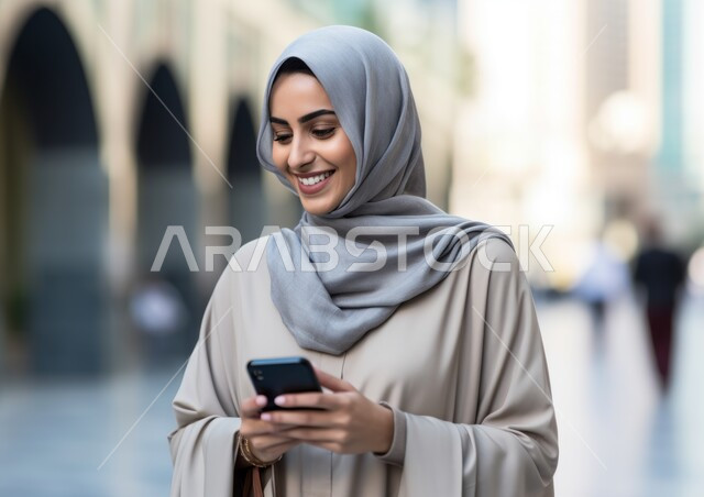 تصفح مواقع السوشال ميديا, الاستمتاع بقضاء وقت ممتع في إحدى المناطق العامة, التواصل عبر التطبيقات الالكترونية الحديثة, صورة مقربة لشابة عربية خليجية سعودية محجبة مبتسمة ترتدي العباءة الملونة تقوم بالتحدث مع الأصدقاء عبر الهاتف المحمول