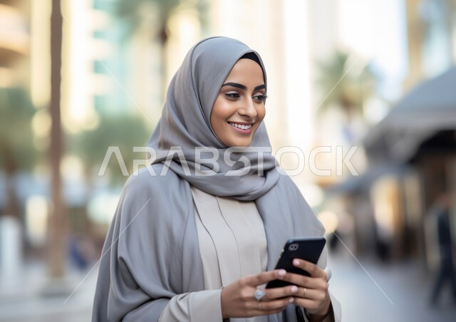 تصفح مواقع السوشال ميديا, الاستمتاع بقضاء وقت ممتع في إحدى المناطق العامة, التواصل عبر التطبيقات الالكترونية الحديثة, صورة مقربة لشابة عربية خليجية سعودية محجبة مبتسمة ترتدي العباءة الملونة تقوم بالتحدث مع الأصدقاء عبر الهاتف المحمول