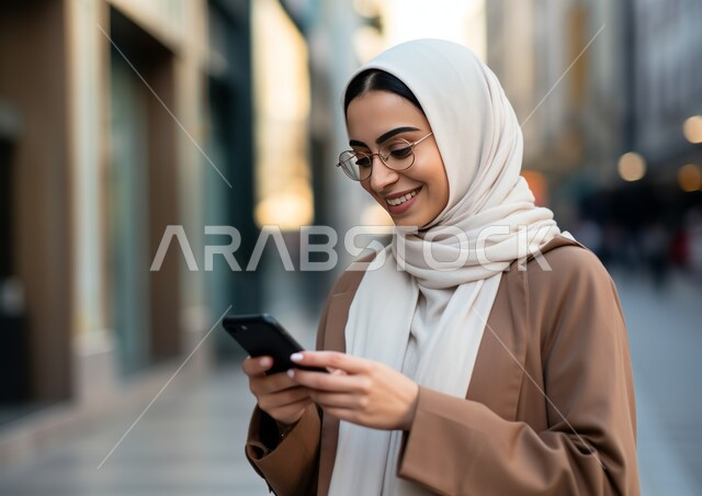 التواصل والدردشة مع الأهل والأصدقاء, تصفح مواقع التواصل الاجتماعي, قضاء أوقات ممتعه في الخارج, صورة مقربة لشابة عربية خليجية سعودية محجبة مبتسمة ترتدي النظارة والعباءة الملونة تقوم باستخدام الهاتف المحمول, التجول في المناطق العامة
