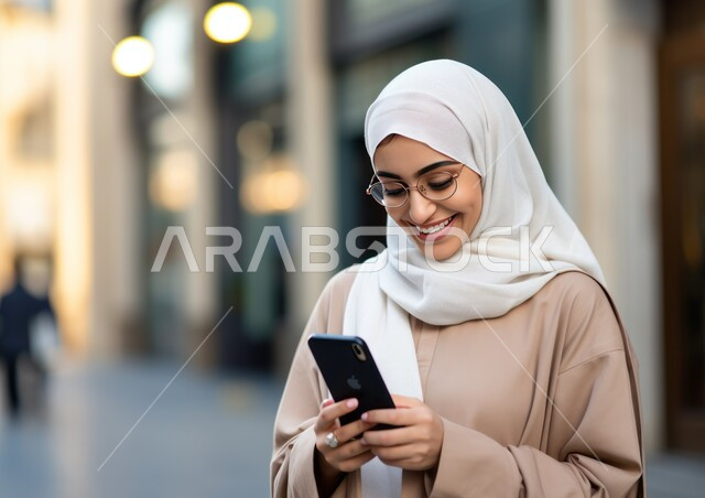 التواصل والدردشة مع الأهل والأصدقاء, تصفح مواقع التواصل الاجتماعي, قضاء أوقات ممتعه في الخارج, صورة مقربة لشابة عربية خليجية سعودية محجبة مبتسمة ترتدي النظارة والعباءة الملونة تقوم باستخدام الهاتف المحمول, التجول في المناطق العامة