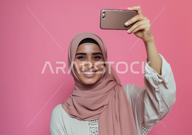 مفهوم الأناقة والملامح الناعمة, بورتريه مقرب لشابة عربية خليجية سعودية مبتسمة ترتدي الحجاب تقوم باستخدام الهاتف المحمول, التقاط صور تذكارية عبر الجوال, الاهتمام بالمظهر الخارجي, حجابات خليجية عصرية, الوقوف بإيماءات السرور والنظر إلى الكاميرا, خلفية وردية