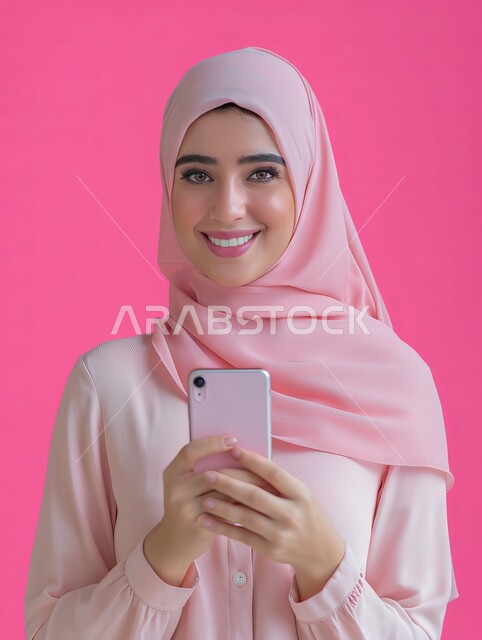 مفهوم الأناقة والملامح الناعمة, بورتريه مقرب لشابة عربية خليجية سعودية مبتسمة ترتدي الحجاب تقوم باستخدام الهاتف المحمول, التقاط صور تذكارية عبر الجوال, الاهتمام بالمظهر الخارجي, حجابات خليجية عصرية, الوقوف بإيماءات السرور والنظر إلى الكاميرا, خلفية وردية