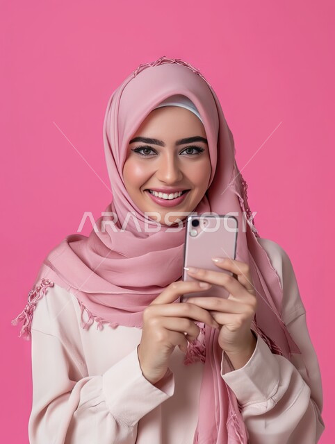 Taking souvenir photos via mobile phone, paying attention to external appearance, modern Gulf hijabs, standing with happy gestures and looking at the camera, the concept of elegance and soft features, a close-up portrait of a smiling Saudi Gulf Arab young woman wearing the hijab, using a mobile phone, pink background