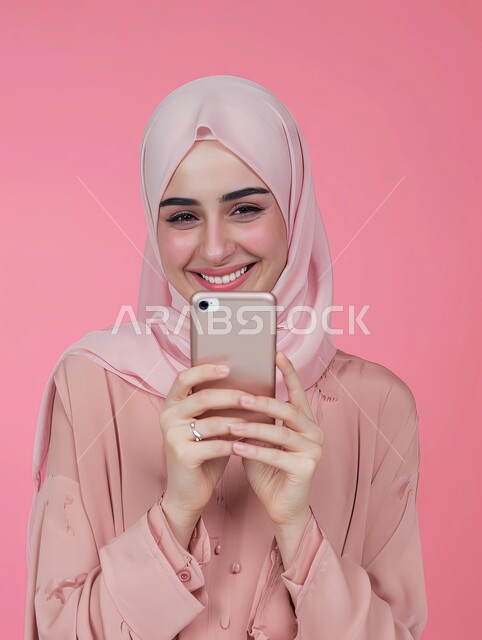 التقاط صور تذكارية عبر الجوال, الاهتمام بالمظهر الخارجي, حجابات خليجية عصرية, الوقوف بإيماءات السرور والنظر إلى الكاميرا, مفهوم الأناقة والملامح الناعمة, بورتريه مقرب لشابة عربية خليجية سعودية مبتسمة ترتدي الحجاب تقوم باستخدام الهاتف المحمول, خلفية وردية