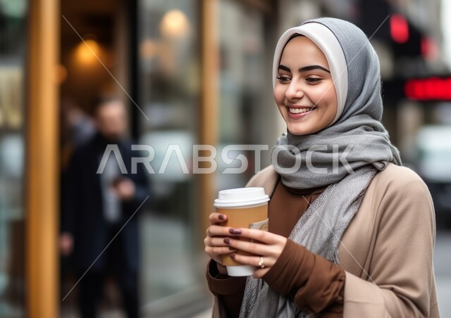 Standing cheerfully and happily in one of the public areas and markets in the Kingdom of Saudi Arabia, spending a pleasant time drinking coffee outside, a close-up photo of a smiling Saudi Gulf Arab young woman wearing a brown abaya looking at something, improving the mood by drinking caffeine