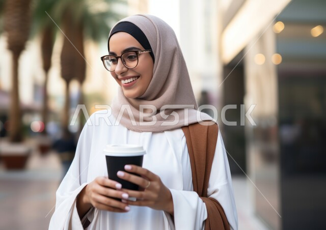 الوقوف ببشاشة وسرور في إحدى المناطق العامة والأسواق في المملكة العربية السعودية, قضاء وقت ممتع بشرب القهوة في الخارج, صورة مقربة لشابة عربية خليجية سعودية مبتسمة ترتدي العباءة البيضاء تنظر إلى شيء ما, تعديل المزاج بتناول الكافيين