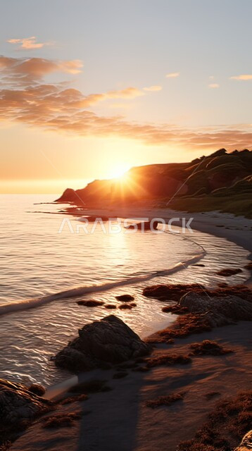 تأمل غروب الشمس على شاطئ البحر, الاستمتاع بالمناظر الطبيعية الهادئة, التلال والكثبان الرملية على الشواطئ الخليجية, التشكيلات والتكوينات الصخرية في المناطق الساحلية, أماكن السياحة وقضاء الوقت الممتع بالمملكة العربية السعودية