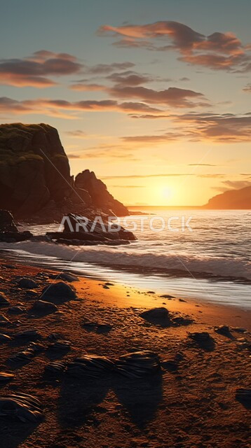 Contemplating the sunset on the seashore, enjoying the tranquil natural scenery, hills and sand dunes on the Gulf beaches, rock formations and formations in the coastal areas, places of tourism and spending a pleasant time in the Kingdom of Saudi Arabia.