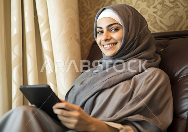 Completing tasks remotely, using modern and advanced devices and technologies, a smiling Saudi Gulf Arab woman, veiled, wearing a colorful abaya, holding a tablet in her hand and looking at the camera, online shopping, technical applications for tablets