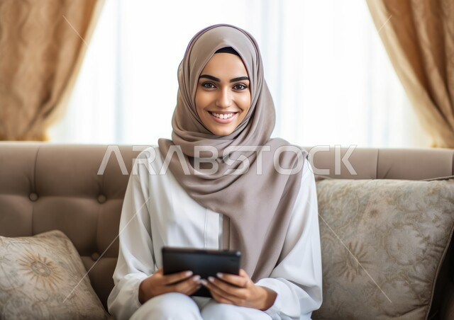 التسوق الالكتروني الذكي والآمن عبر الأونلاين, استخدام الأجهزة والتقنيات الحديثة والمتطورة, إدارة الأعمال عن بعد, التواصل والتحدث عبر السوشال ميديا, إمرأة عربية خليجية سعودية مبتسمة ترتدي الزي الكاجوال تمسك بيدها جهاز التابليت وتنظر إلى الكاميرا ببشاشة