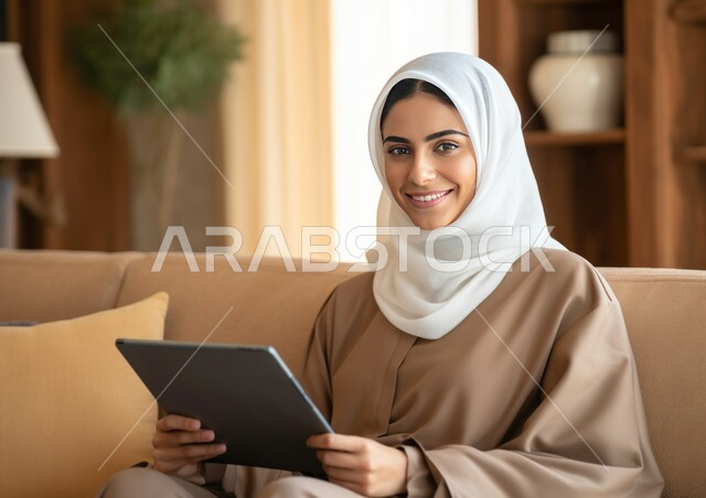 استخدام الأجهزة والتقنيات الحديثة والمتطورة, إدارة الأعمال عن بعد, التسوق الالكتروني الذكي والآمن عبر الأونلاين, التواصل والتحدث عبر السوشال ميديا, إمرأة عربية خليجية سعودية مبتسمة ترتدي الزي الكاجوال تمسك بيدها جهاز التابليت وتنظر إلى الكاميرا ببشاشة