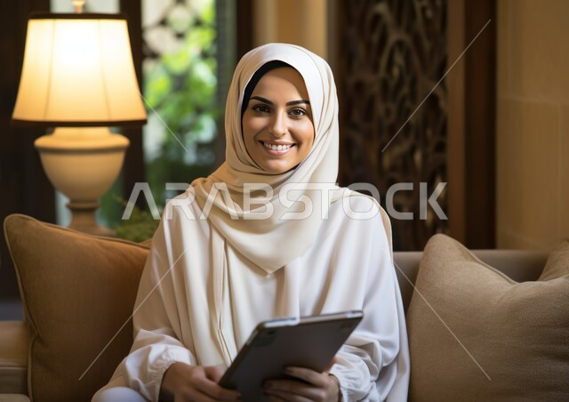 استخدام الأجهزة والتقنيات الحديثة والمتطورة, إدارة الأعمال عن بعد, التسوق الالكتروني الذكي والآمن عبر الأونلاين, التواصل والتحدث عبر السوشال ميديا, إمرأة عربية خليجية سعودية مبتسمة ترتدي الزي الكاجوال تمسك بيدها جهاز التابليت وتنظر إلى الكاميرا ببشاشة
