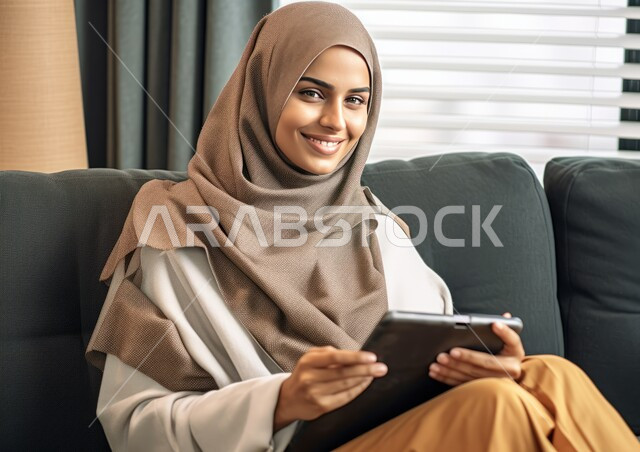 التسوق الالكتروني الذكي والآمن عبر الأونلاين, استخدام الأجهزة والتقنيات الحديثة والمتطورة, إدارة الأعمال عن بعد, التواصل والتحدث عبر السوشال ميديا, إمرأة عربية خليجية سعودية مبتسمة ترتدي الزي الكاجوال تمسك بيدها جهاز التابليت وتنظر إلى الكاميرا ببشاشة