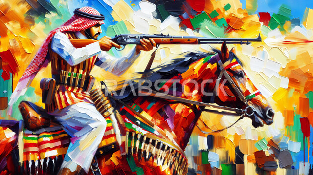 رمز الفروسية والشجاعة, رسومات فنية بالألوان المائية, التركيز والتصويب على هدف ما, فارس عربي خليجي سعودي يرتدي الثوب التقليدي والشماغ يمتطي فرس بني أصيل ويمسك بيده البندقية, شغف وحب الخيول في المملكة العربية السعودية, مفهوم تربية الحيوانات العربية الأصلية