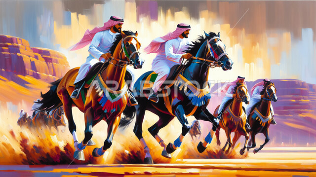 رمز الفروسية والشجاعة, رسومات فنية بالألوان المائية, مجموعة من الرجال العرب الخليجين السعوديين يرتدون الزي التقليدي يمتطون خيول عربية أصيلة في الصحراء, شغف وحب الخيول في المملكة العربية السعودية, توارث ومفهوم تربية الجياد