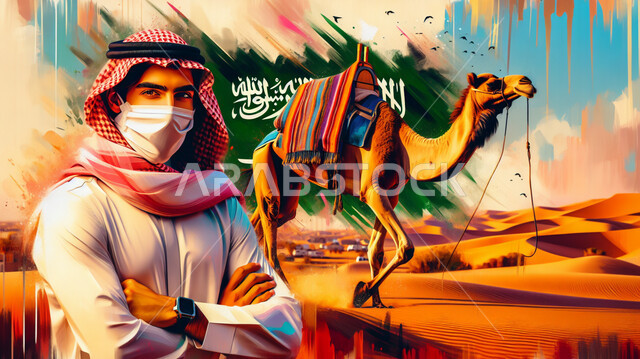 اتباع اجراءات الوقاية من فايروس كورونا, صورة مقربة لشاب عربي خليجي سعودي يرتدي الزي التقليدي والكمامة يقف بإيدي متقاطعة, التلال والرمال الذهبية الناعمة، تربية ورعاية الجمال في المناطق الصحراوية, خلفية علم المملكة العربية السعودية في الصحراء