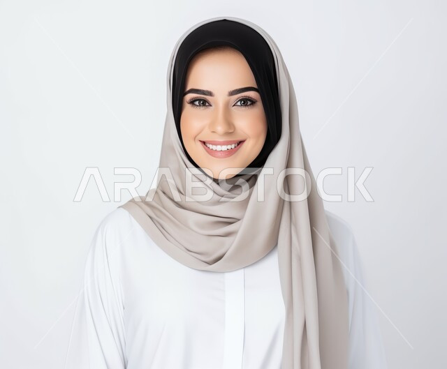 الأنوثة والنعومة والاهتمام بالمظهر الخارجي، التقاط صورة شخصية للوثائق الرسمية، أزياء محجبات عصرية راقية، بورتريه مقرب لامرأة عربية خليجية سعودية محجبة ترتدي النقاب والعباءة الحديثة وتنظر الى الكاميرا بإيماءات السرور و الثقة بالنفس، خلفية بيضاء