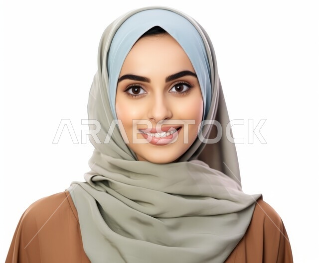 Femininity, softness, and attention to external appearance, taking a personal photo for official documents, sophisticated modern veiled fashion, close-up portrait of a veiled Saudi Gulf Arab woman wearing the niqab and modern abaya and looking at the camera with gestures of pleasure and self-confidence, white background