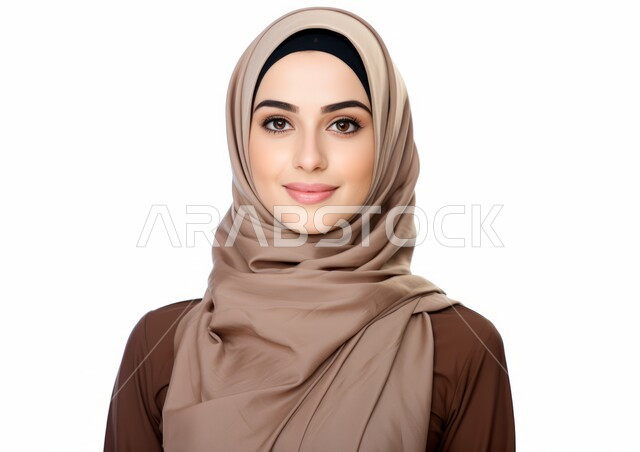 الأنوثة والنعومة والاهتمام بالمظهر الخارجي، التقاط صورة شخصية للوثائق الرسمية، أزياء محجبات عصرية راقية، بورتريه مقرب لامرأة عربية خليجية سعودية محجبة ترتدي النقاب والعباءة الحديثة وتنظر الى الكاميرا بإيماءات السرور و الثقة بالنفس، خلفية بيضاء