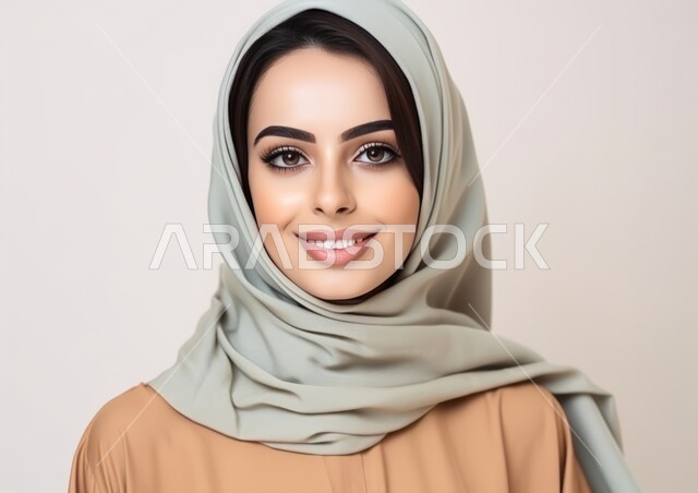 Femininity, softness, and attention to external appearance, taking a personal photo for official documents, sophisticated modern veiled fashion, close-up portrait of a veiled Saudi Gulf Arab woman wearing the niqab and modern abaya and looking at the camera with gestures of pleasure and self-confidence, white background
