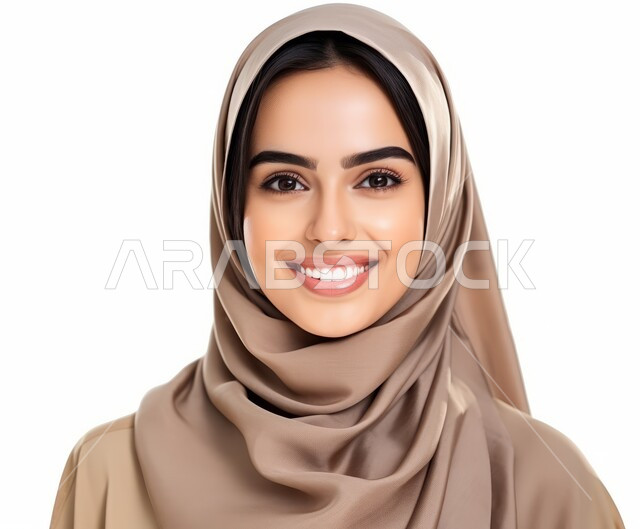 التقاط صورة شخصية للوثائق الرسمية، مفهوم الأنوثة والنعومة والاهتمام بالمظهر الخارجي، أزياء محجبات عصرية راقية، بورتريه مقرب لامرأة عربية خليجية سعودية محجبة ترتدي العباءة الحديثة وتنظر الى الكاميرا بإيماءات السرور و الثقة بالنفس، خلفية بيضاء